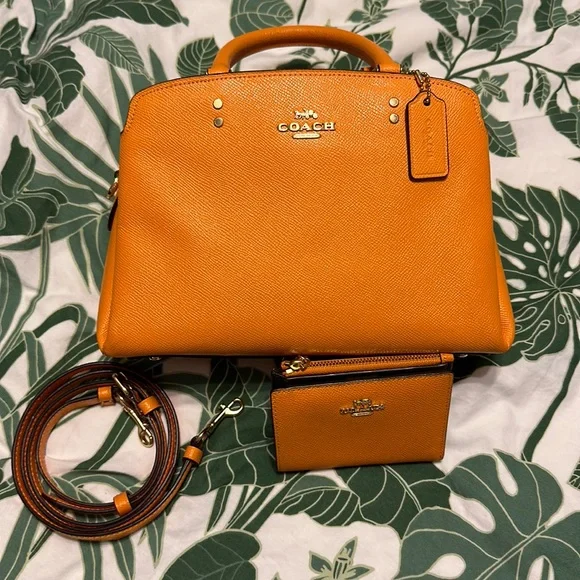 Used Orange Coach Mini Bag w/ Strap and Matching Wallet - Picture 1 of 16